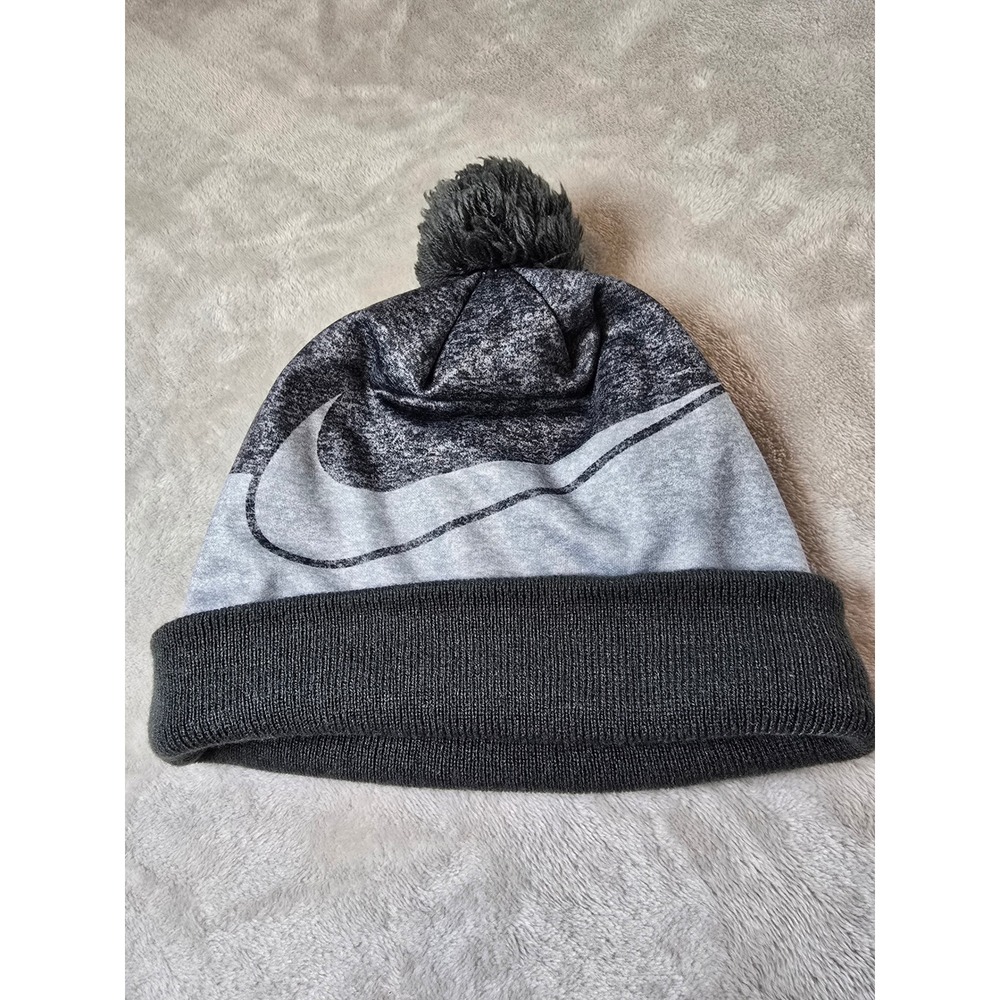 Nike Youth‎ Gray Swoosh Pom Beanie Hat Cap Winter Ski